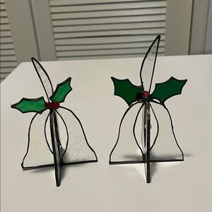 Elegant hand crafted Stained Glass Bells with Green Holly
